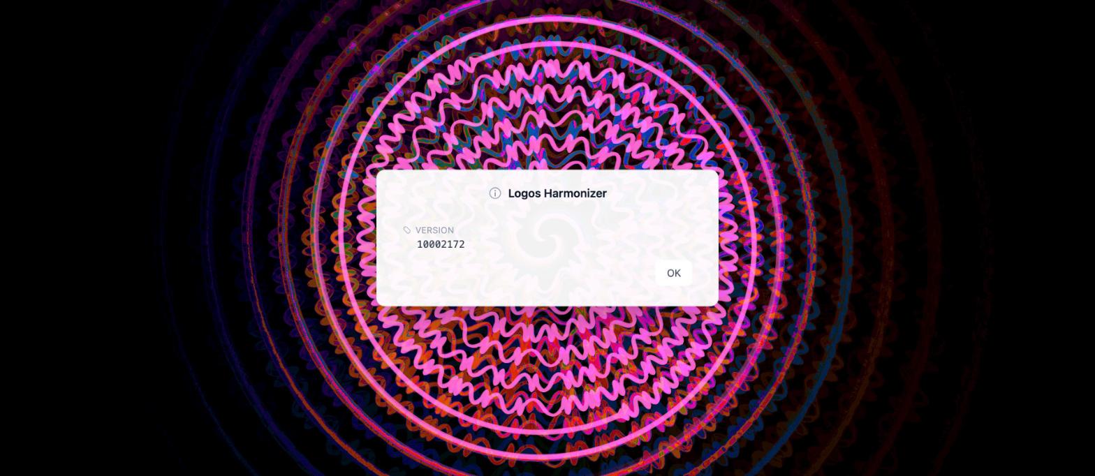 白い小窓に Logos Harmonizer、VERSION 10002172、OK ボタン